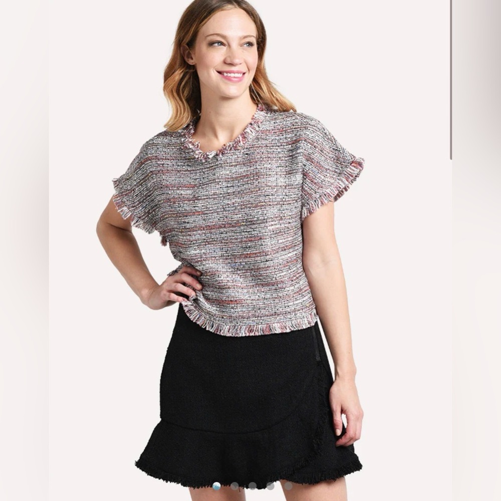 Cupcakes and Cashmere Tahlia Tweed Fringe Top Size S Multicolor Textured
